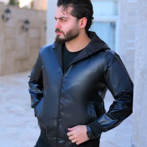 کاپشن چرم مردانه کلاهدار مدل vinas کد 6202